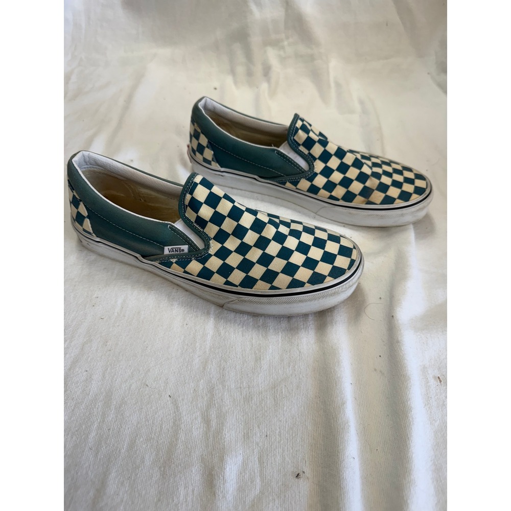 Vans Classic Slip-On Teal Cream Checkerboard Skate Shoes Mens 9.5 Womens 11